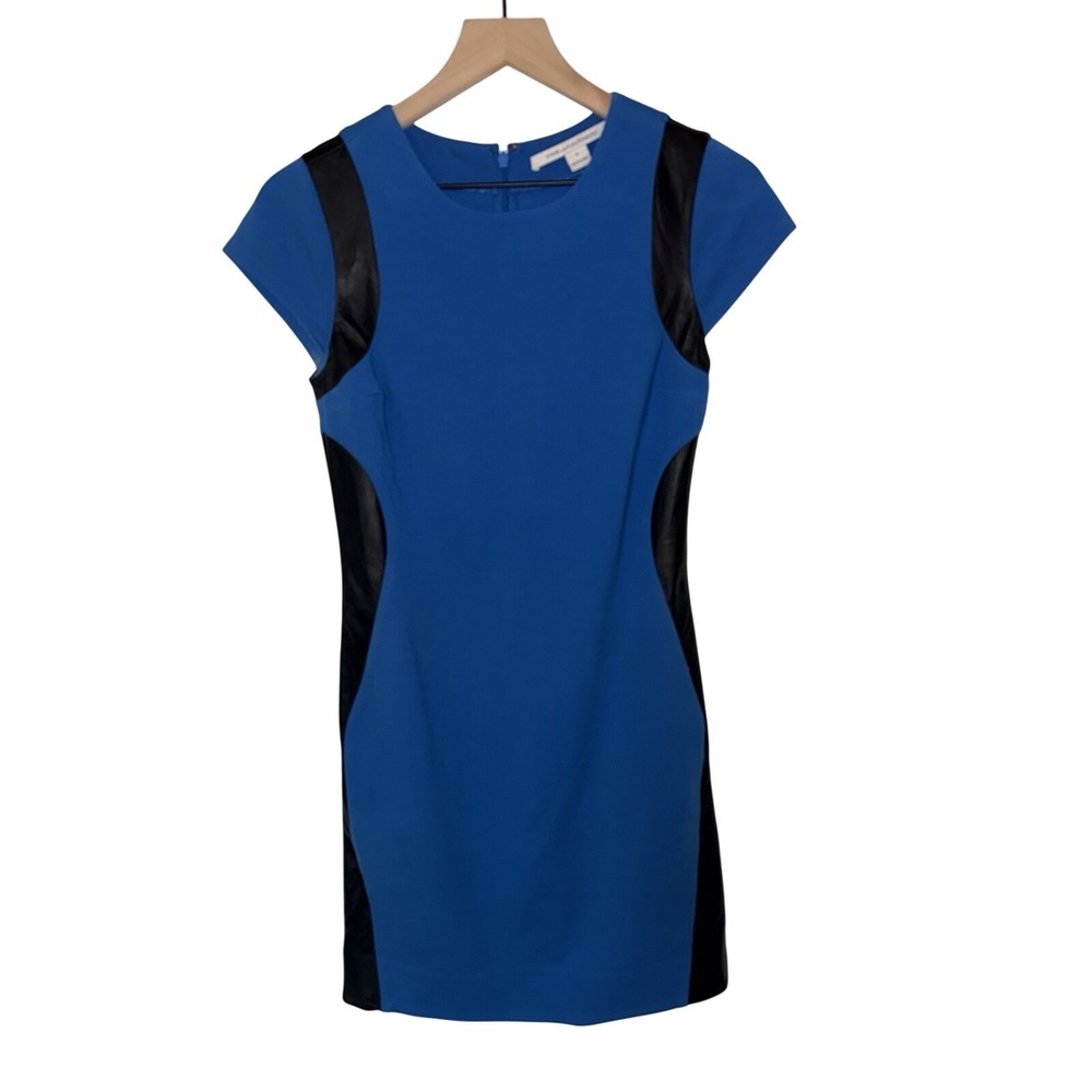 Diane von‎ Furstenberg DVF Bevin Sheath Dress Blue  Leather Trim Cap Sleeve 4